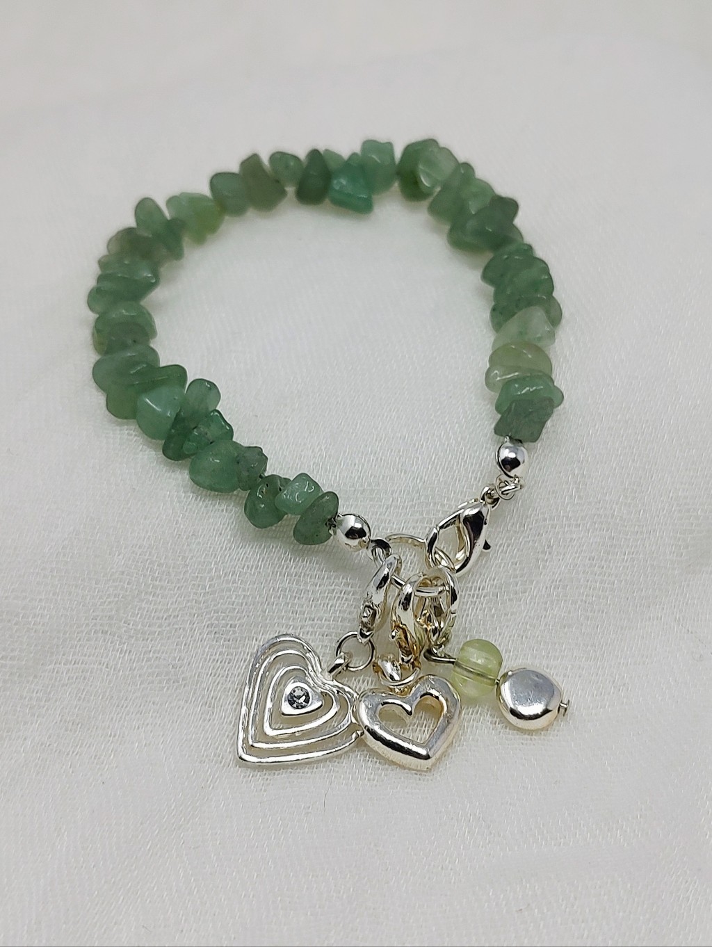 Green Aventurine Chip Bracelet With Silver Heart Charms